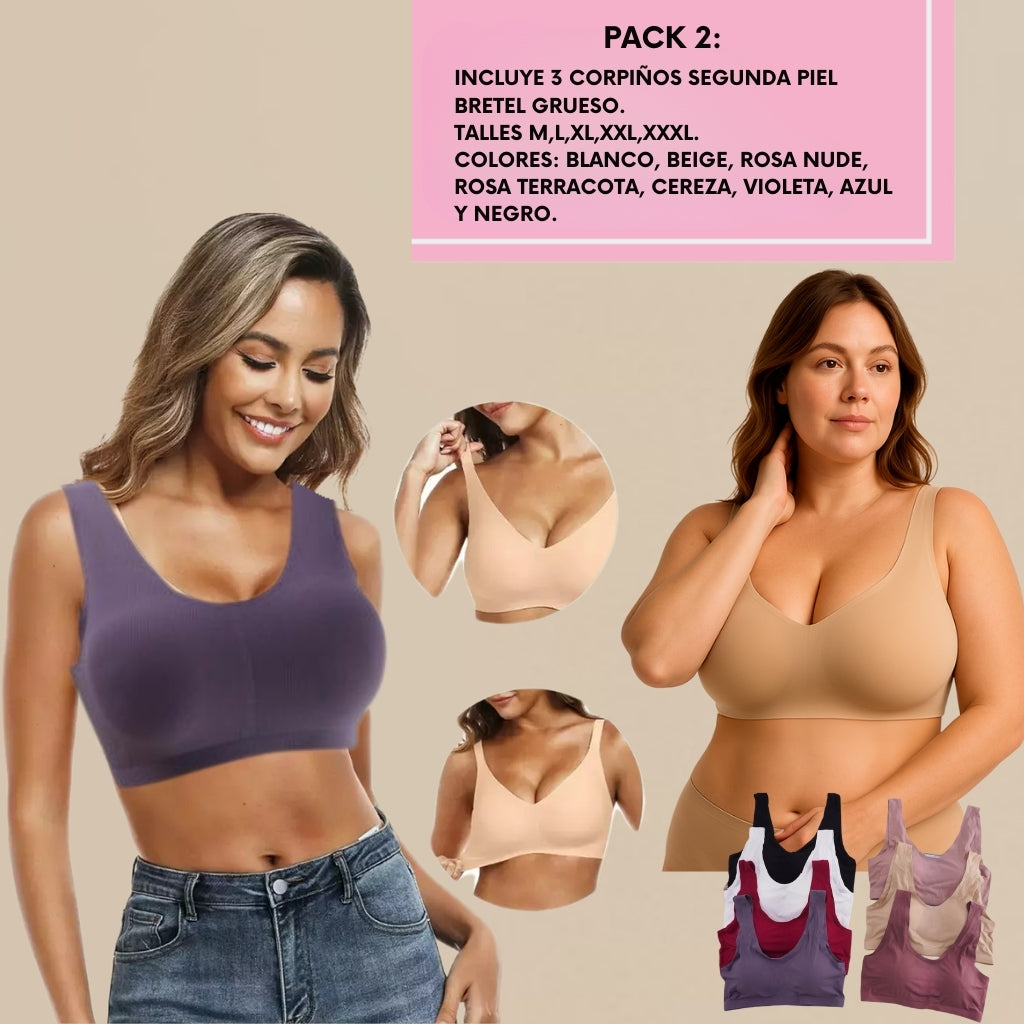 PROMO 3X1 | Corpiño Segunda Piel Bretel Grueso + Pack Bombachas de Regalo